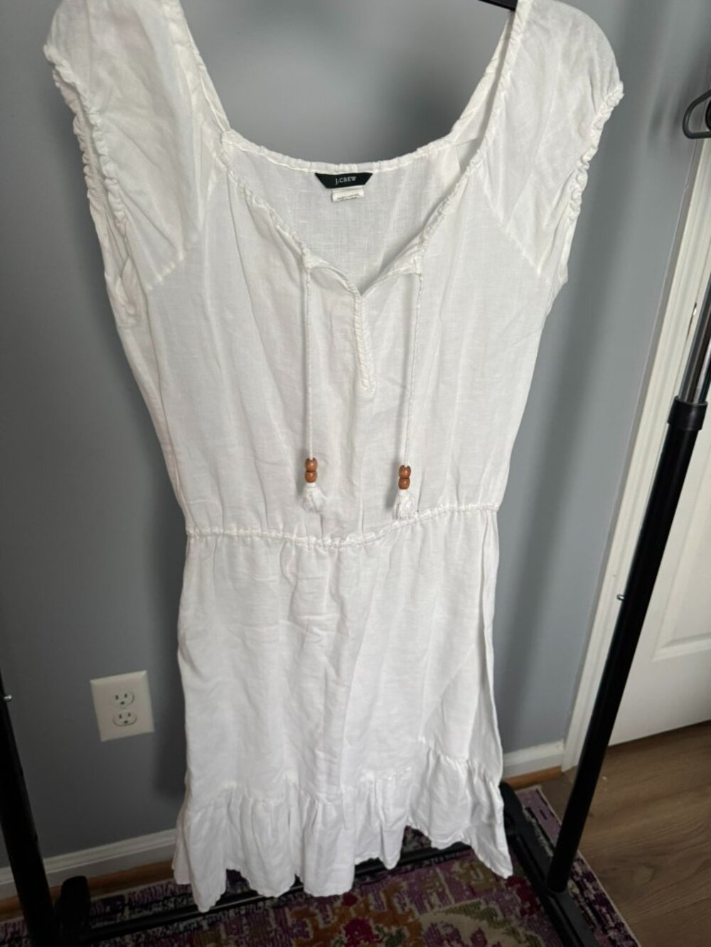 J.Crew White Linen Cotton Boho Peasant Dress Tassel Pockets S
